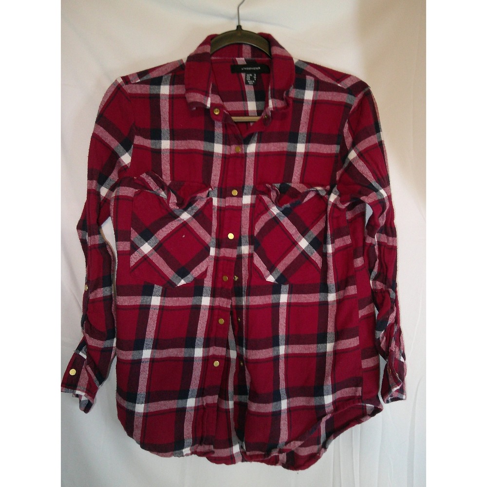 Atmosphere Red Plaid Flannel Shirt Long Sleeve Button Up Womens Size 8